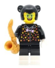 Orjinal Lego Minifigür Party Cat, a fun saxophonist in a cat costume