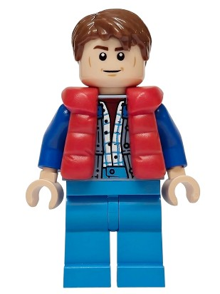 Lego Minifigür Marty McFly - Red Puffer Vest over Sand Blue Jacket, Blue Arms sc138